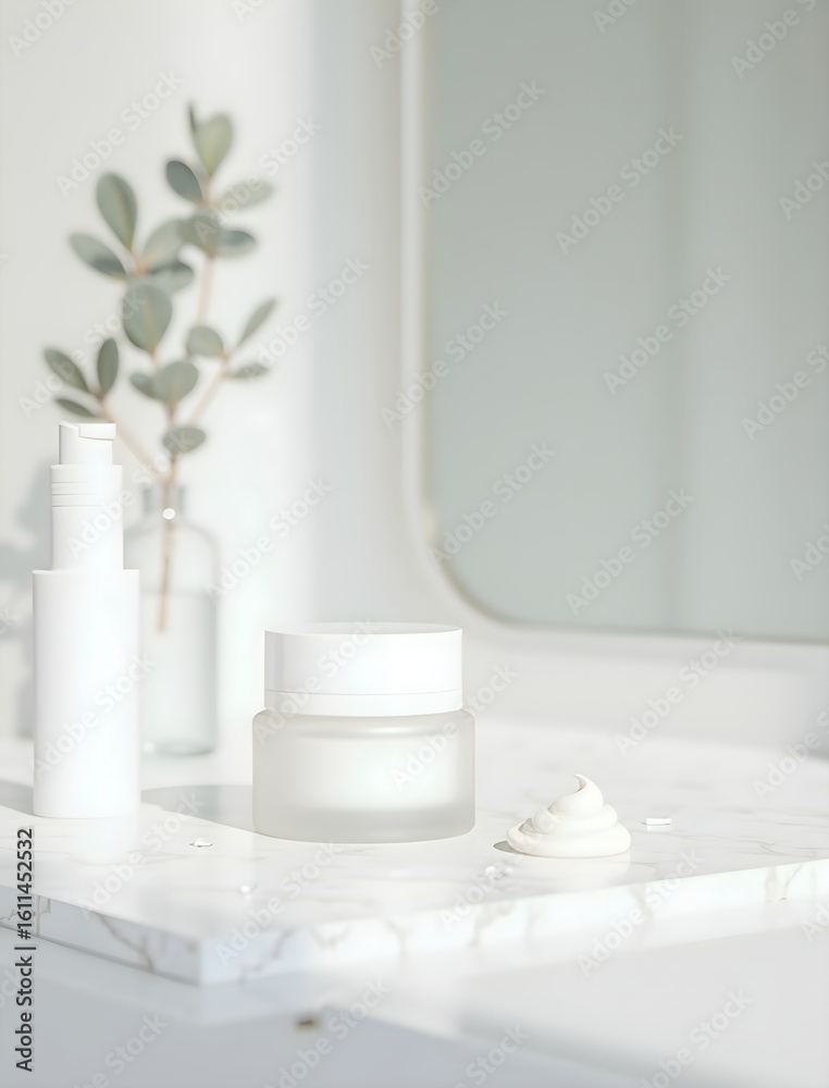 Fototapeta premium Cream Jar Duo with Eucalyptus on Marble Decor
