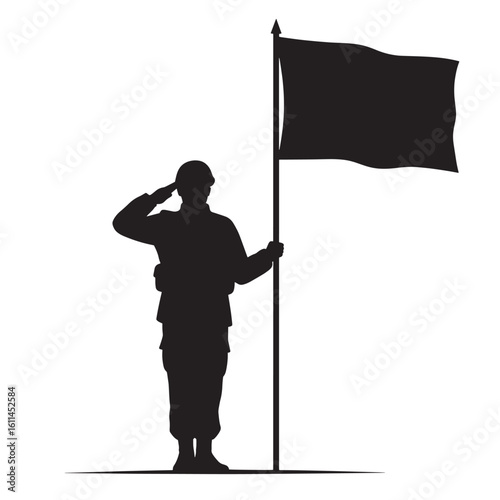 Silhouette of a soldier saluting beside a black flag representing military service and honour