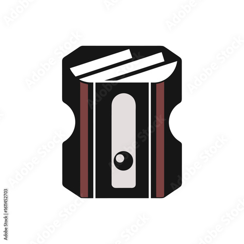 Black pencil sharpener with a grey opening and red accents isolated on white background