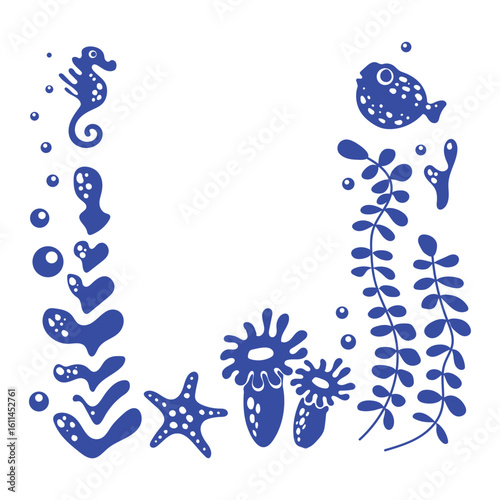 Frame with blue silhouettes of sea inhabitants and algae with bubbles undersea in simple style. Underwater world. Monochrome template with fishes. Vector design for stickers, postcards, stamps.