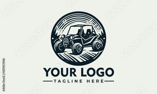 Off-road vehicle illustration in a circular emblem with trees and radiating lines, suitable for a logo design.