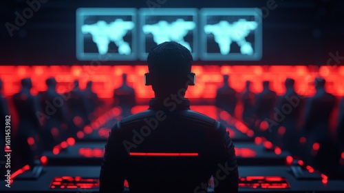 A person monitors multiple digital world maps on screens in a dimly lit, high-tech control room with red and blue lighting.