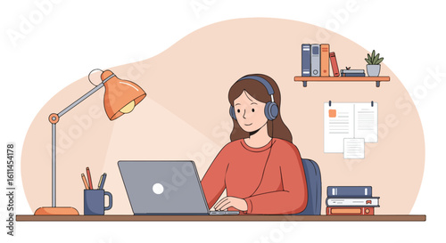 A woman with headphones works on a laptop at her desk. Concept of remote work, online education, or freelancing in a home office environment.