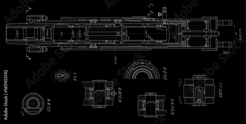 Vector mechanical part earthmoving machine (excavator).
Engineering assembly drawing of steel device
with dimension lines. Industrial technic 
cad scheme on paper sheet. Machined tool - shaft.