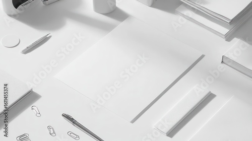 Blank flyer on white desk with pen and paper clips, minimal workspace concept
