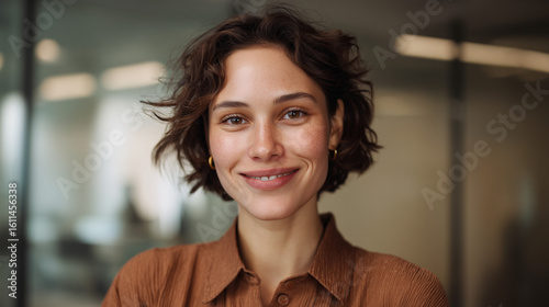 Close-up portrait of a young woman with natural makeup smiling confidently in an office