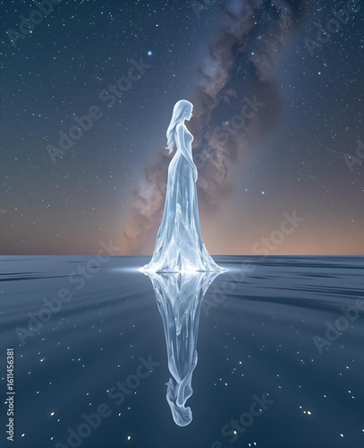 A minimalist photograph of an ethereal giantess composed entirely of shimmering crystals, standing silently atop a vast, reflective surface that mirrors the cosmos above. Her elongated silhouette blen