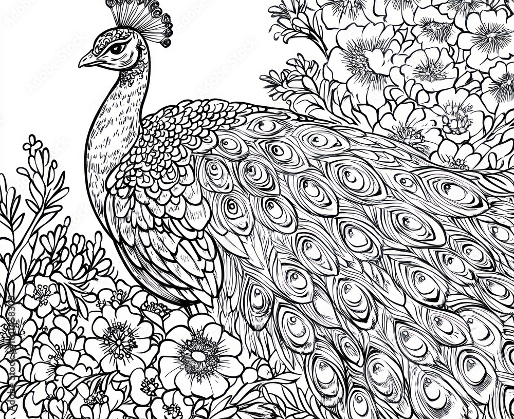 Naklejka premium Detailed peacock illustration surrounded by flowers, suitable for coloring book or print