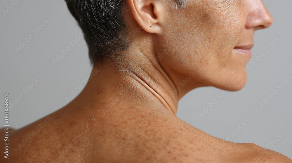 Obraz premium Sun spots and uneven skin texture on upper back and neck of mature person with short gray hair, showing natural aging and skin condition with visible wrinkles and pigmentation