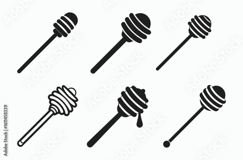 Honey dipper silhouette set, dripping honey icon, sweet food vector, Honey dipper stick with dripping honey vector, Honey stick black silhouette icon vector illustration  