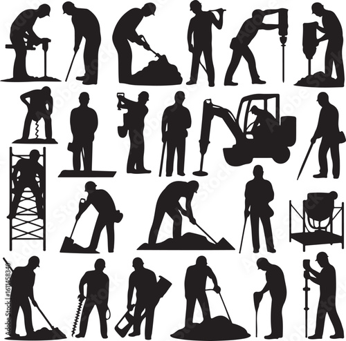 Construction workers digging drilling and operating machinery vector
