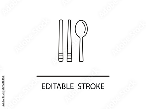 Modern line art of chopsticks and spoon for simple minimalist asian cuisine concept or restaurant logo design with easy editable stroke.