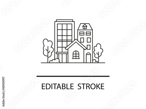Modern city living with house and trees, perfect for real estate or urban planning projects, clean line art design for versatile use.