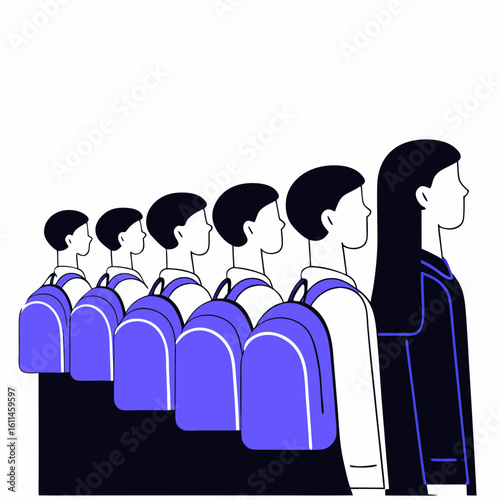 Students standing in line with backpacks preparing for school  
