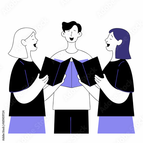 Group of three young people singing together with songbooks in hand  