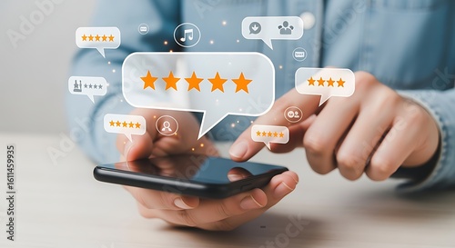 Mobile phone user giving five star rating feedback with speech bubbles