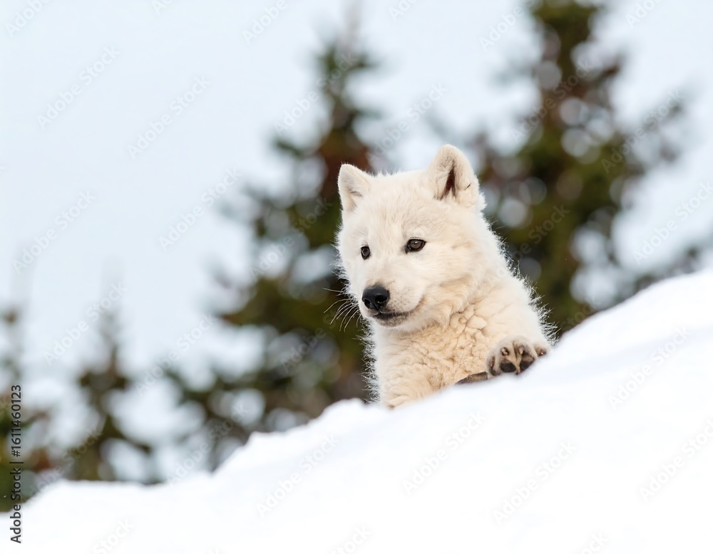 Naklejka premium A white wolf pup in snow