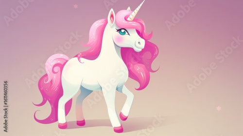 Colorful unicorn illustration with flowing pink mane and tail, standing gracefully against a soft gradient background, embodying magic and whimsy in a fantastical setting