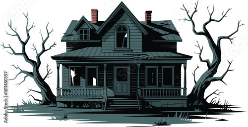 Abandoned Haunted House Vector Illustration for Halloween, Creepy Mansion, Ghostly Home, Horror Scene, Halloween Decoration, Spooky Building