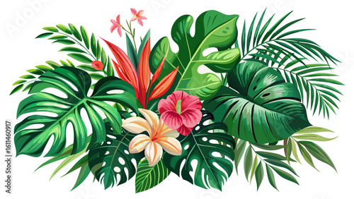 Realistic tropical botanical foliage plants. Set of tropical leaves and flowers: green palm neanta, monstera, hibiscus. Hand painted watercolor illustration isolated on ..
