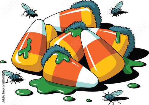 Candy Corn Pile Vector Illustration A sweet and slightly unsettling pile of candy corn with dripping slime and buzzing flies for themed designs