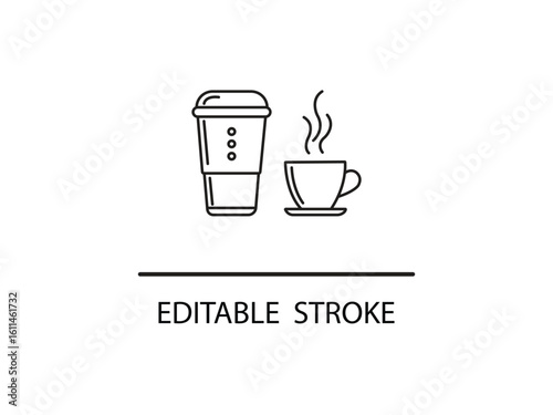 Stylish minimal line art of coffee cup and travel mug for cafe menu design and branding projects, editable stroke for easy customization.