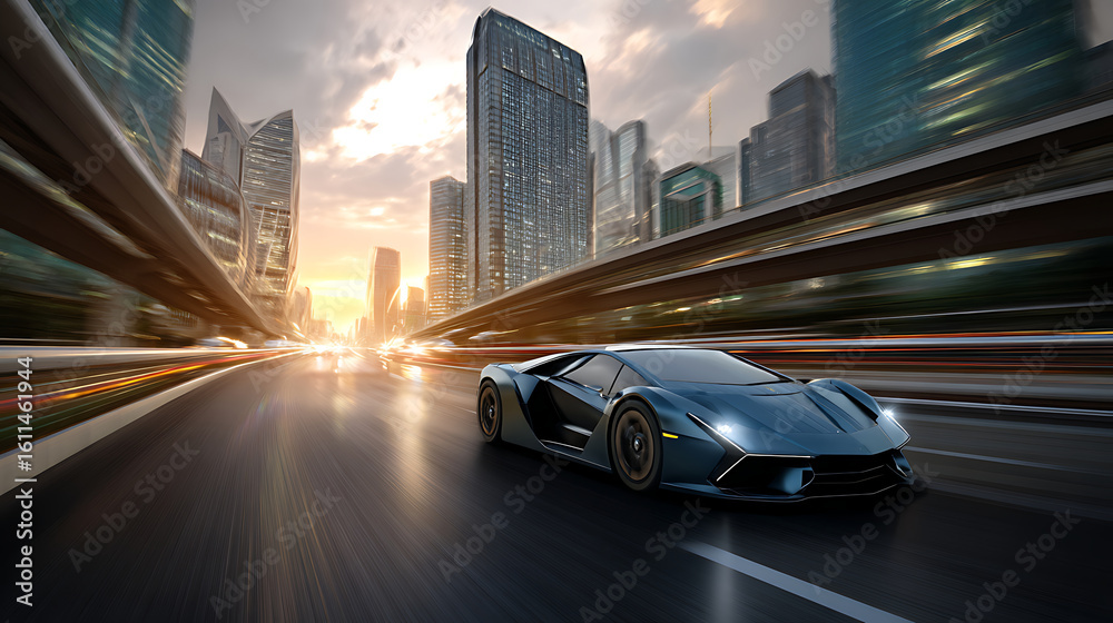 Naklejka premium Speeding Supercar in Urban Landscape, A Testament to Modern Engineering Prowess