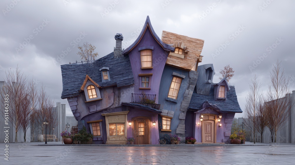 Obraz premium Quirky House with Distorted Perspective in a Gloomy Setting