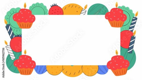 Colorful birthday frame with cupcakes and candles for celebrations.