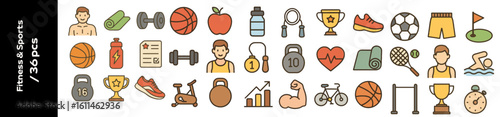 36 psc Fitness and sports icons in colorful style for health and wellness  