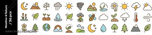 Nature-themed 36 pcs vector icon set with various elements and symbols  