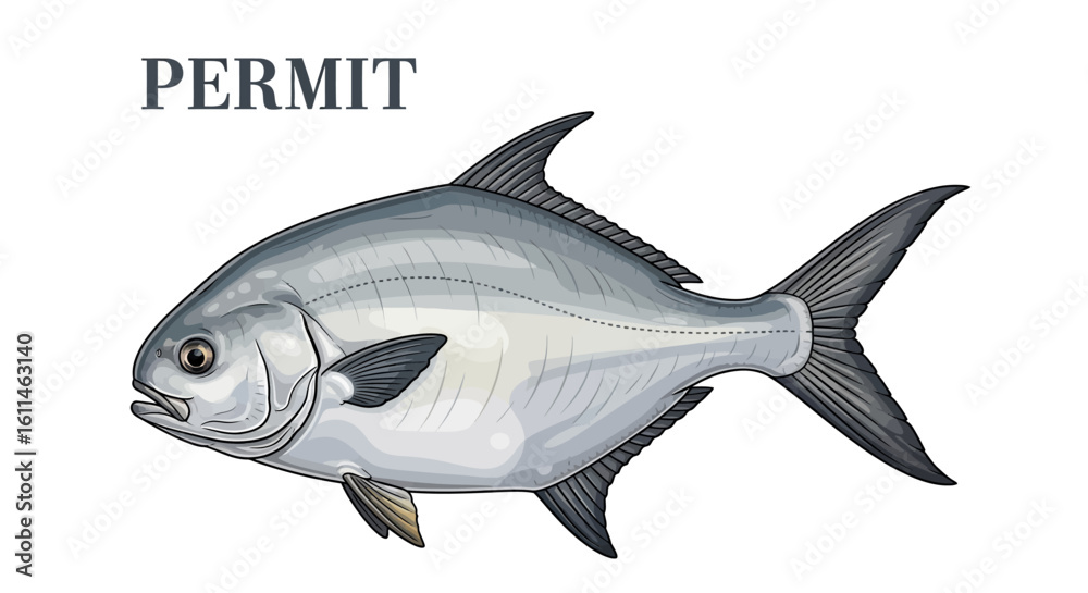 Fototapeta premium Permit Fish Vector Isolated on white.