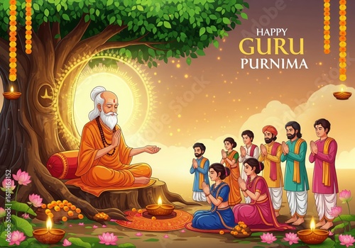 Happy guru purnima celebration with traditional offerings and decorations. Indian Festivals and Events Celebrating Guru Purnima