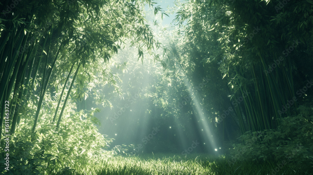 Obraz premium Sunlight streams through a dense bamboo grove.