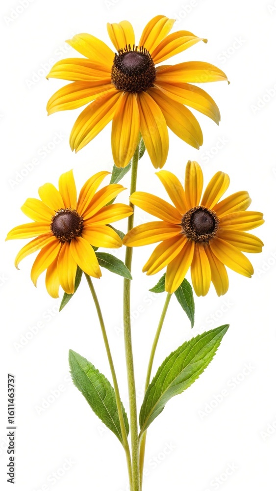 Naklejka premium Three beautiful BlackEyed Susans on a white background showing fine detail