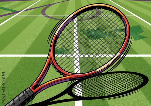 A tennis racket is laying on the grass Wimbledon, copy space. The racket is blue and orange