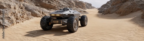 A rugged all-terrain vehicle drives through a sandy desert canyon with rocky cliffs on either side under a partly cloudy sky.