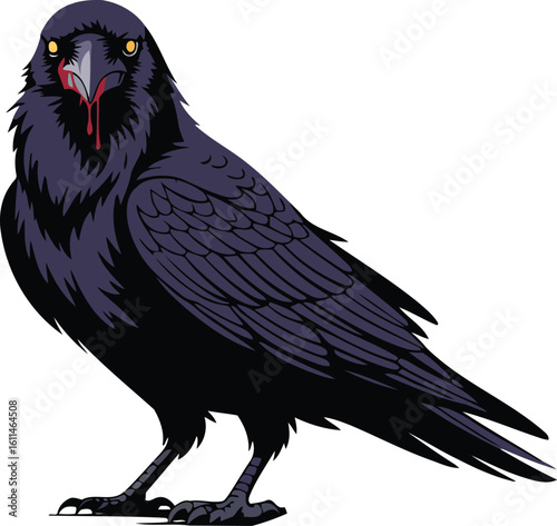 Menacing Raven with Bloodied Beak Vector Illustration A Dark Avian Creature with Intense Yellow Eyes on Transparent Backdrop for Graphic Design