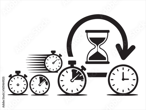 Time management and progress with clocks and hourglass