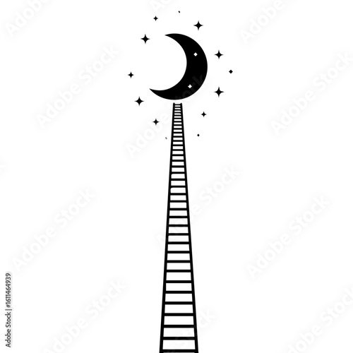 A ladder reaching a crescent moon amidst twinkling stars, symbolizing ambition and dreams.
