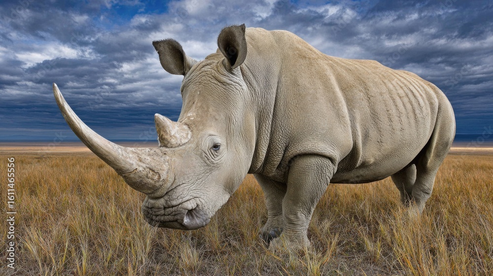 Obraz premium Imposing White Rhinoceros Stands Majestically in Grassy Field Under Dramatic Cloudy Sky