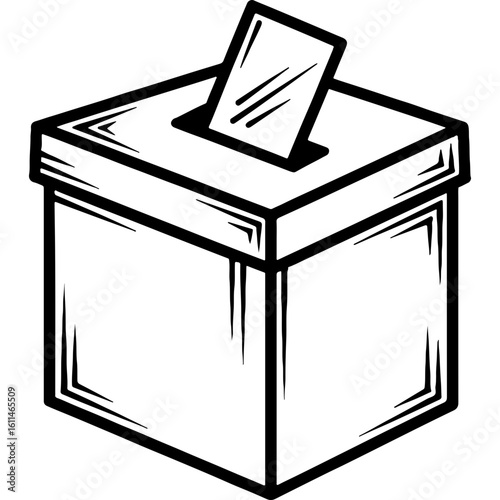 Ballot box with vote casting, democracy icon. Election, poll, civic duty, choice concept. Black and white line art illustration.