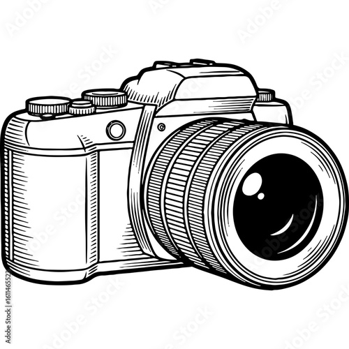 Vintage black and white camera illustration, detailed retro photo camera drawing, classic photography equipment icon, line art