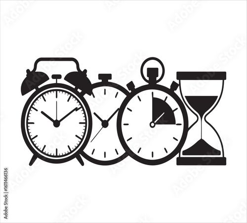 Collection of timekeeping devices including alarm clocks and hourglass