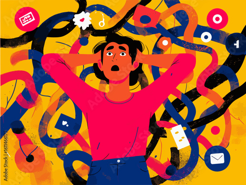 Overwhelmed Person with Digital Clutter and Information Overload