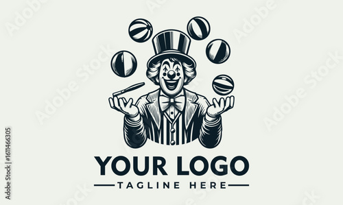 A jovial circus clown logo, juggling balls and a wand, wearing a top hat and tails.