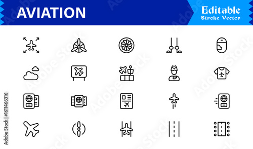 Aviation line icon set featuring modern, minimal, and professionally crafted designs for digital use, ideal for creating stylish and clear aviation visuals.