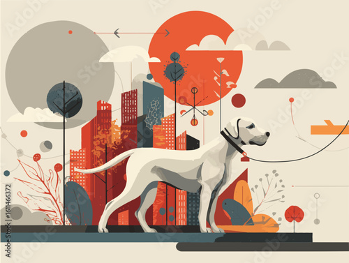 White Dog Walking on Leash in Modern Abstract Cityscape
