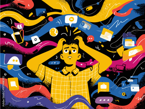 Overwhelmed Person with Digital Clutter and Information Overload Dark Background