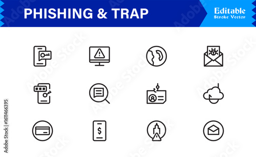 Phishing Security Cybercrime: Professional Line Icon Set with Modern Minimal Trap, Scam, and Hacker Symbols